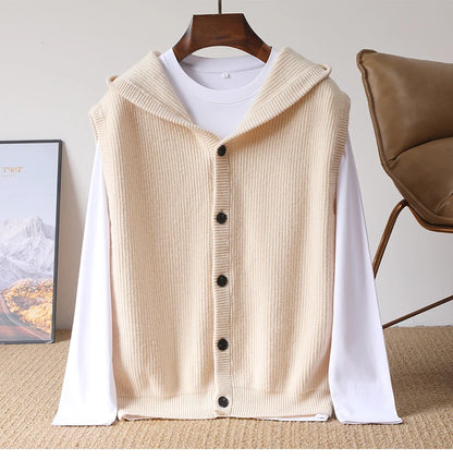 2025 Autumn/Winter Men's Vest 100% Merino Wool Knit Hooded Cardigan Casual Loose Sleeveless Solid Color Men's Cashmere Sweater