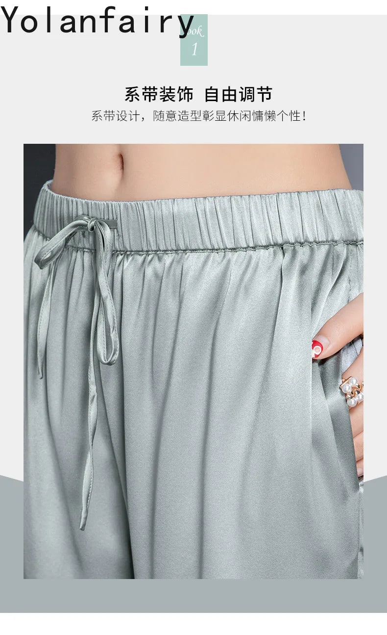 YOLANFAIRY Casual Wide Leg Pants Summer 95% Real Mulberry Silk Women's Pants Korean Loose Trousers Woman Silk Pants Full Length