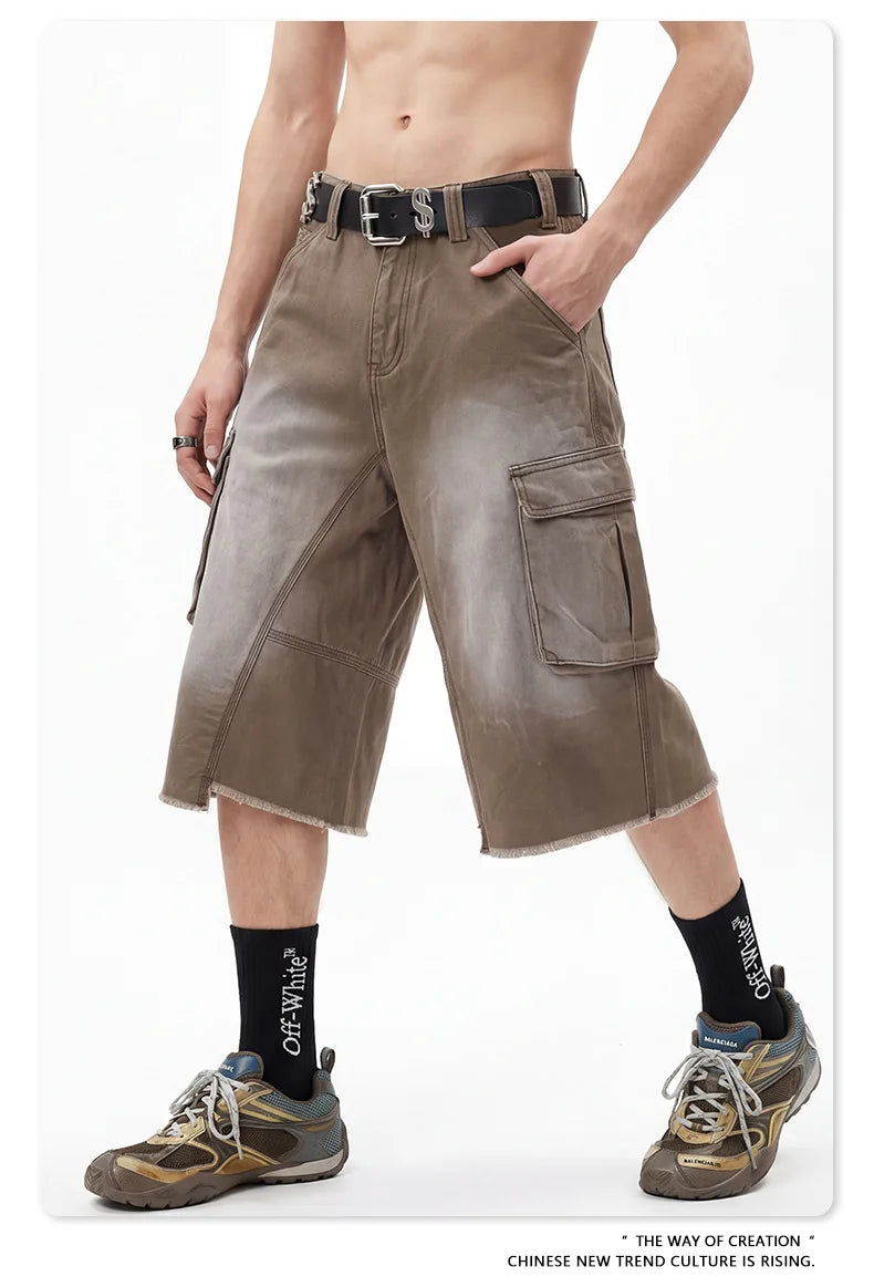 Custom LOGO men's 310G heavy 100% cotton summer American street multi-pocket retro washed old loose tooling seven-point shorts