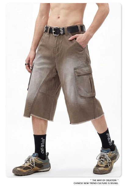 Custom LOGO men's 310G heavy 100% cotton summer American street multi-pocket retro washed old loose tooling seven-point shorts