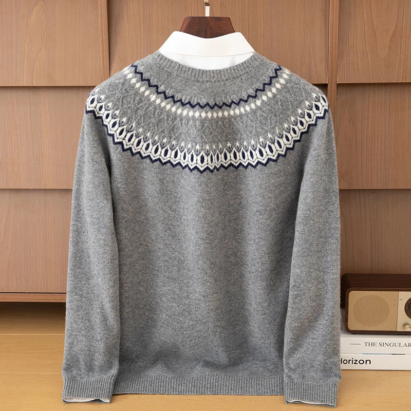 Autumn Winter 100%Wool Knit Pullover Men's O-Neck Color Block Sweater Jumper Fashion Thicken Loose Tops Clothing Warm Base Shirt