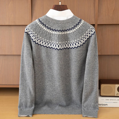 Autumn Winter 100%Wool Knit Pullover Men's O-Neck Color Block Sweater Jumper Fashion Thicken Loose Tops Clothing Warm Base Shirt