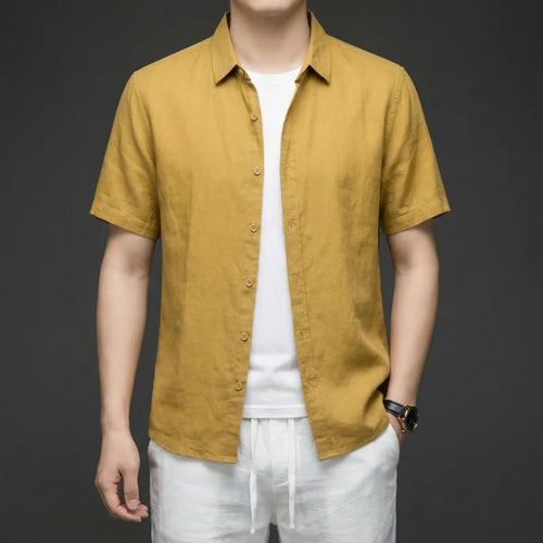 Summer Linen Cotton Men's POLO Collar Shirt Casual Business Short Sleeved Cardigan Fashion Loose Breathable Comfortable T-shirt