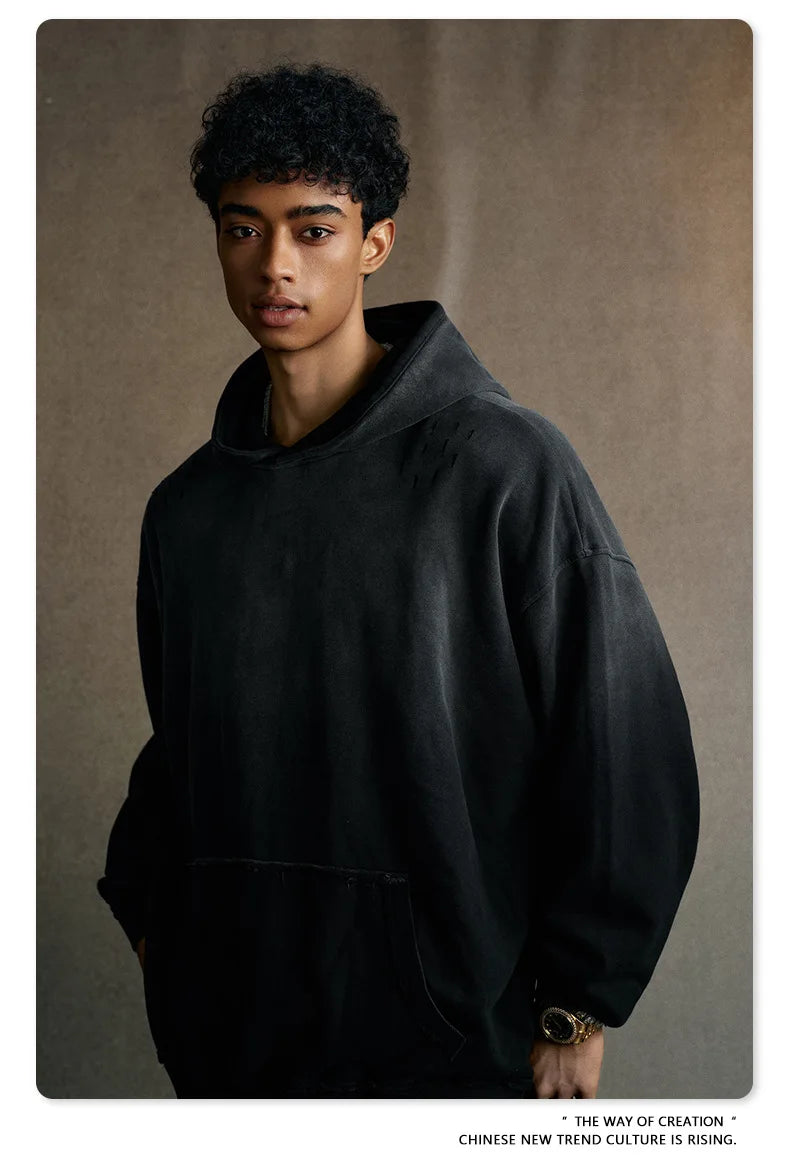 Custom LOGO men's 2025 autumn 370G heavy 100% cotton gradual change hole hooded sweater straight trousers set