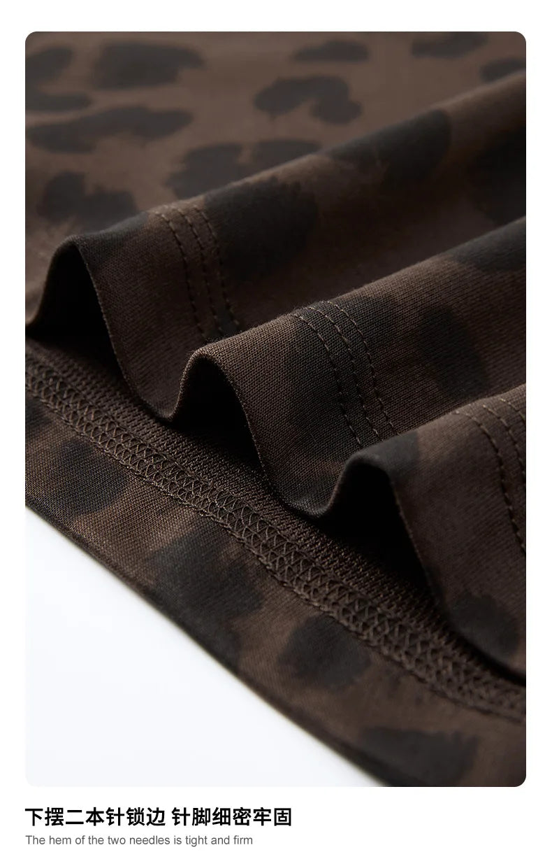 Custom LOGO men's new summer 240G cotton polyester American retro BOXY leopard print short-sleeved T-shirt casual loose top