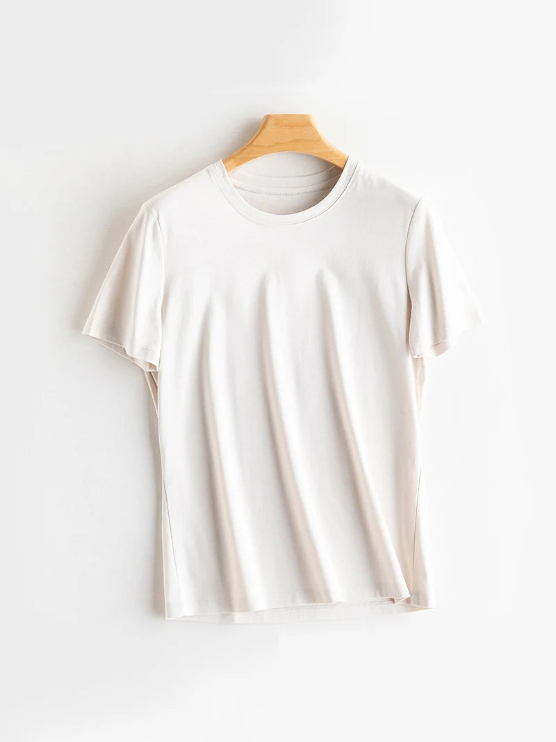 SuyaDream Women Solid T shirts, Silk Cotton Blend, O Neck, Short Sleeved Solid Tee,2025 Summer Candy Colors Basic Cozy Top Green
