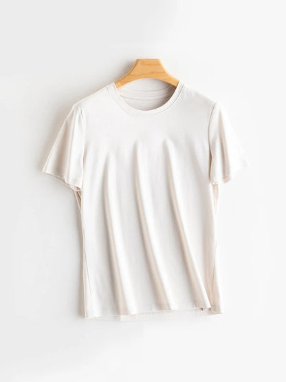 SuyaDream Women Solid T shirts, Silk Cotton Blend, O Neck, Short Sleeved Solid Tee,2025 Summer Candy Colors Basic Cozy Top Green