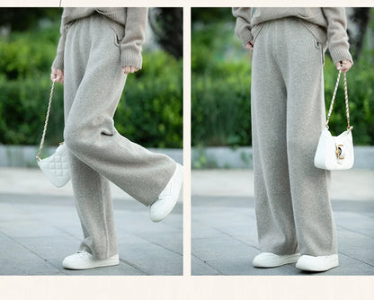 DjzDsm Women's 100% Merino Wool Wide Leg Straight Leg Pants Autumn Winter Thickened Comfortable Fit Trousers