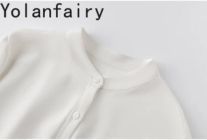 YOLANFAIRY 93% Natural Mulberry Silk Shirts Woman 2026 Stand Collar Long Sleeve Blouse Women Elegant White Shirt OL Ladies Tops