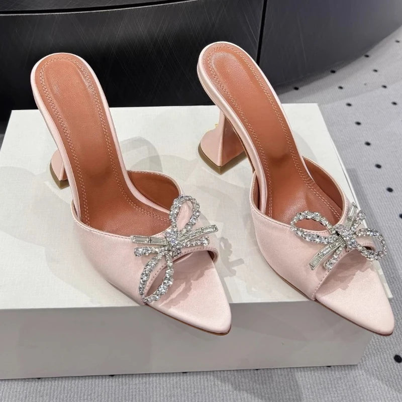 New Bow Rhinestone High-heeled Sandals Sexy Open-toed Fish Mouth Pointed Rear Empty Cool Slippers Women