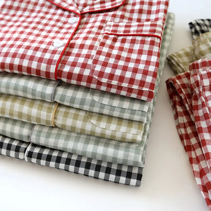 2026 Spring/Summer Couple Pajama Set 100% Cotton Double Layer Gauze Men's and Women's Japanese Plaid Set Long sleeved Home Fury