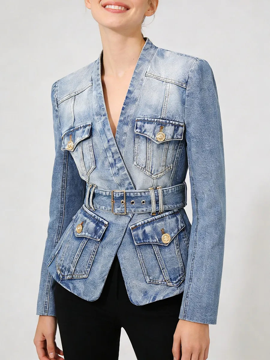 TWOTWINSTYLE Fashion Slimming Spliced Pockets Cowboy Jackets for Women V Neck Long Sleeve Tunic Patchwork Belt Jacket Female New