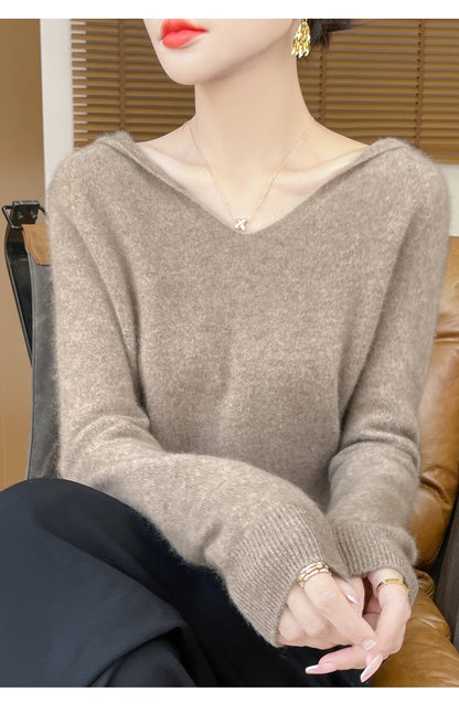 Women Autumn Winter Clothing Hooded Collar Pullover 100% Merino Wool Sweater New Fashion Cashmere Tops Bottoming Knitwear Soft