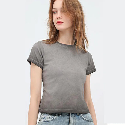 Female 240GSM Gradient Washed Custom LOGO Solid Slim  T-Shirt Soft Cotton Streetwear Casual Short Sleeve Cool Retro For Women