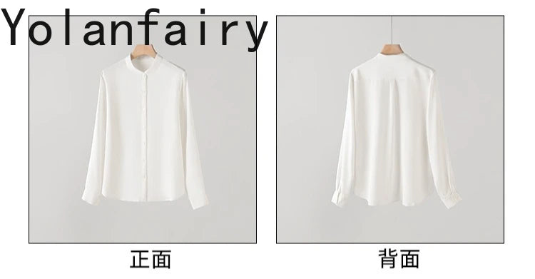 YOLANFAIRY 93% Natural Mulberry Silk Shirts Woman 2026 Stand Collar Long Sleeve Blouse Women Elegant White Shirt OL Ladies Tops