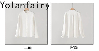 YOLANFAIRY 93% Natural Mulberry Silk Shirts Woman 2026 Stand Collar Long Sleeve Blouse Women Elegant White Shirt OL Ladies Tops