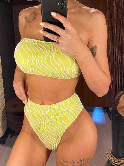 Sexy Wave Striped Bandeau High Waist Bikini Female Swimsuit Women Swimwear Two-pieces Bikini set Bather Bathing Suit Swim V5445