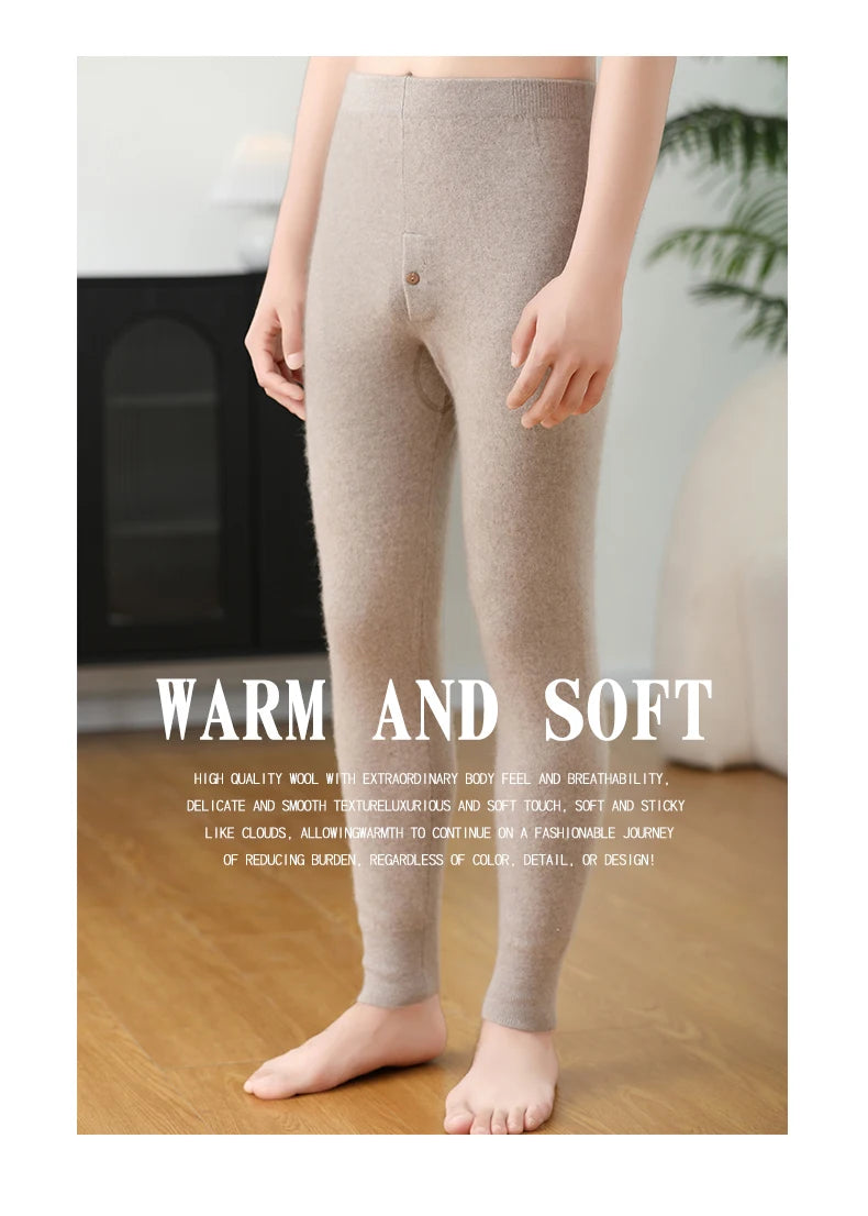 100% Cashmere Knit Leggings Men Winter Wearing Thermal Underwear High Waist Trousers Solid Thicken Elasticity Ankle-Length Pants