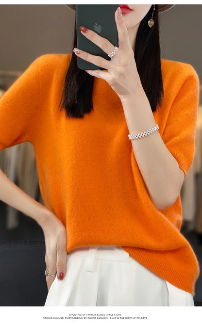 100% Merino wool women's O neck knitted T-shirt Korean pullover short sleeve sweater women's basic solid color half sleeve women