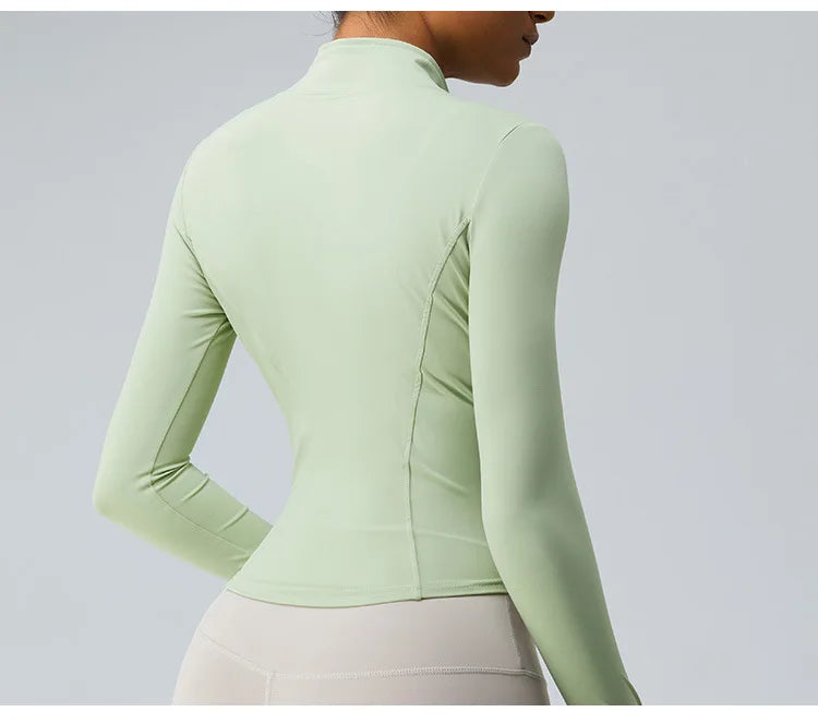 Gym Shirt Women's Full Zipper Yoga Top With Thumbholes Fitness Running Jacket Stretch Fit Long Sleeve Round Neck Top Sportswear