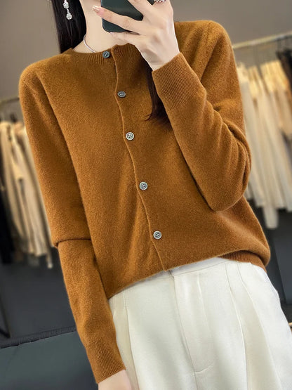 100% Merino Wool Sweater Women O-Neck Cardigan Basic Style  Buttoned Knitwear Female Casual Autumn Winter Soft Tops