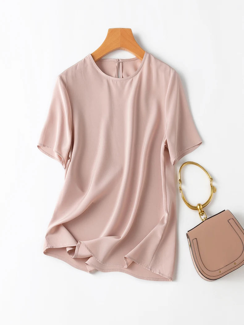 SuyaDream Women T Shirt 22mm Real Silk O Neck Short Sleeves Summer Tee 2025 New Chic Tops Pink Purple