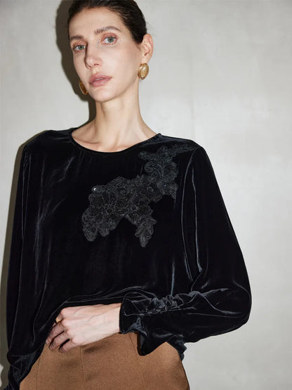 SuyaDream Women Black Blouses, 100%Silk Velour, Round Collar, Elegant Embriodery Velvet Shirts, 2026 Spring Summer Casual Top