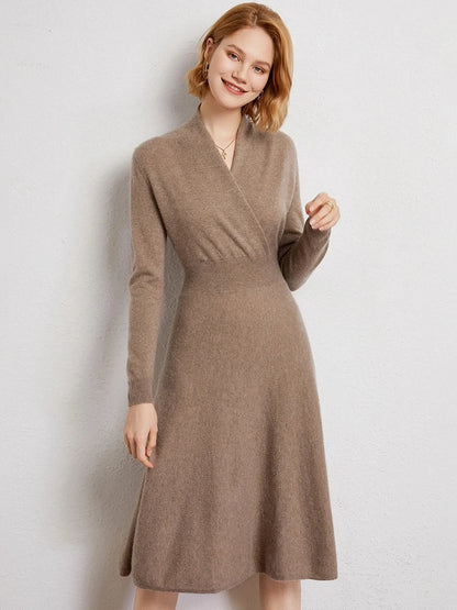 CHICUU Women 100% Cashmere Dresses V-neck Waist Cinching Dresses Autumn Winter Office Lady Grace Luxury Cashmere Knitwear