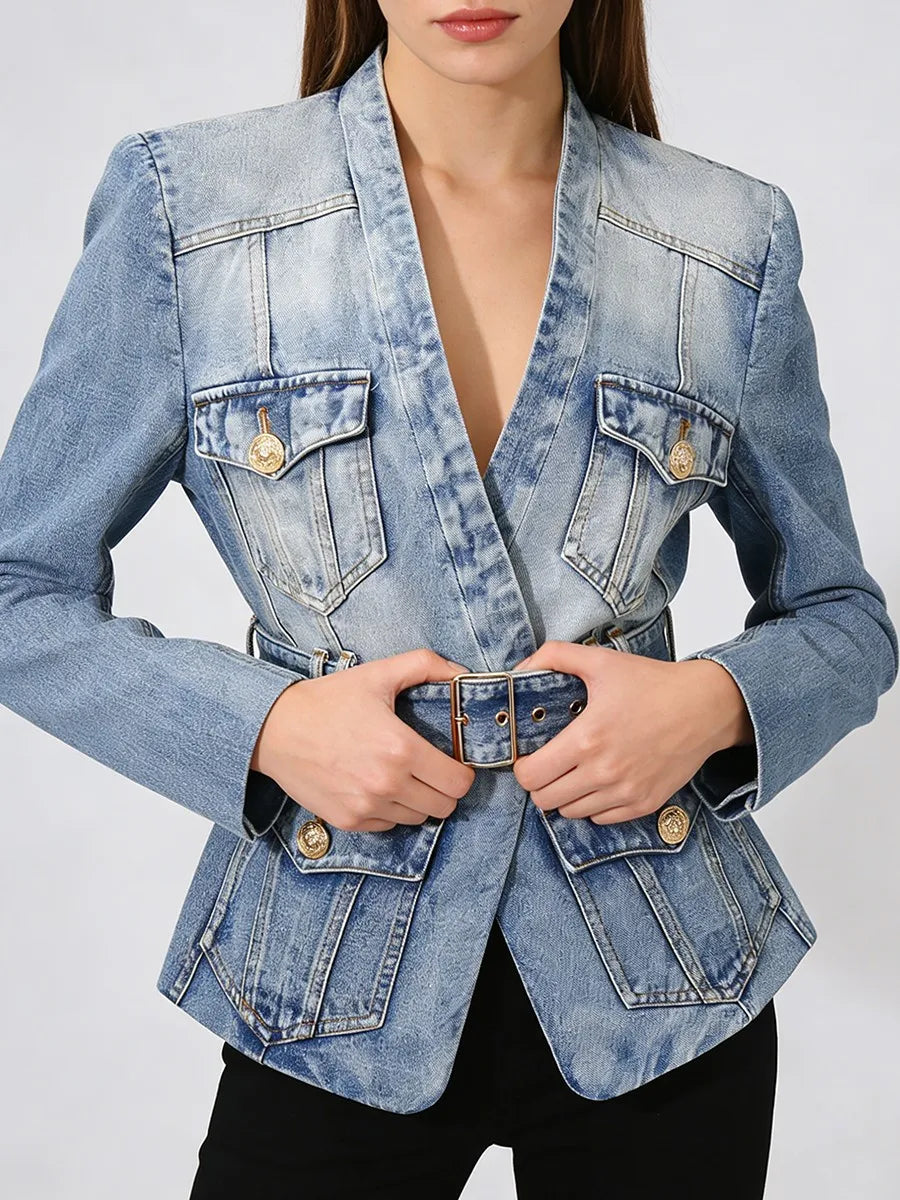 TWOTWINSTYLE Fashion Slimming Spliced Pockets Cowboy Jackets for Women V Neck Long Sleeve Tunic Patchwork Belt Jacket Female New