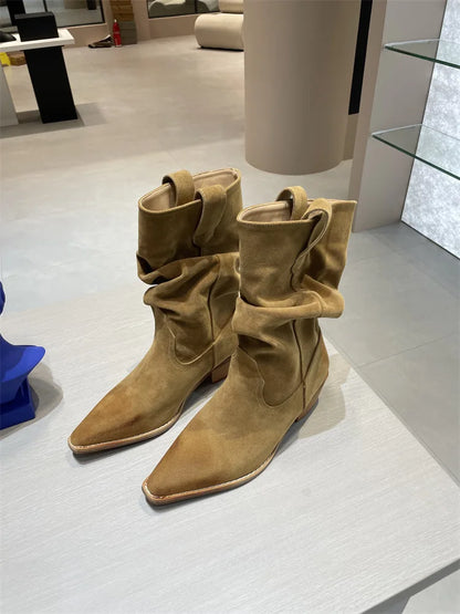 New Fashion Western Cowboy Boots Pointed Pleated V-mouth Thick Heel Medium Tube Short Boots