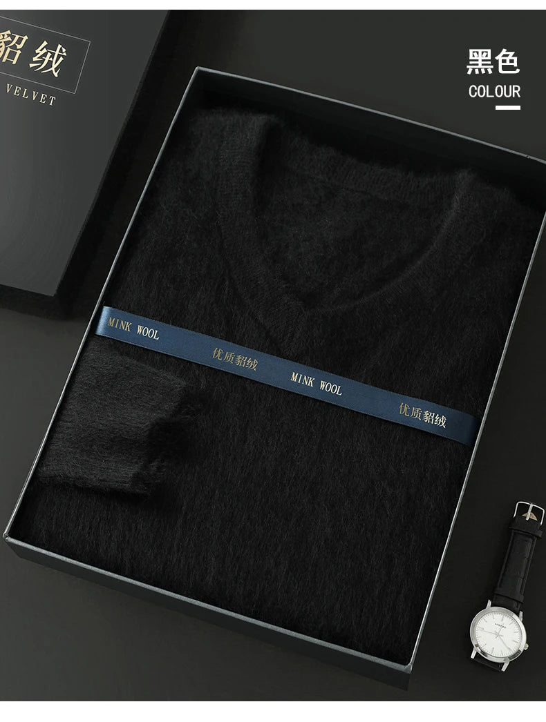 100% Pure Mink Cashmere Sweater Men's V-Neck Pullovers Knit Large Size Mink Sweater Winter New Long Sleeve High-End Jumpers Tops