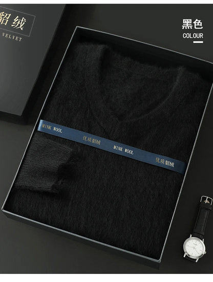 100% Pure Mink Cashmere Sweater Men's V-Neck Pullovers Knit Large Size Mink Sweater Winter New Long Sleeve High-End Jumpers Tops
