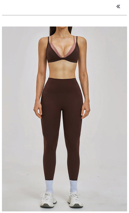 TRY TO BN Women's Color Block Yoga Sets Fake Two-Piece Sports Bra High Waisted Leggings Breathable Fitness Workout Gym Tracksuit