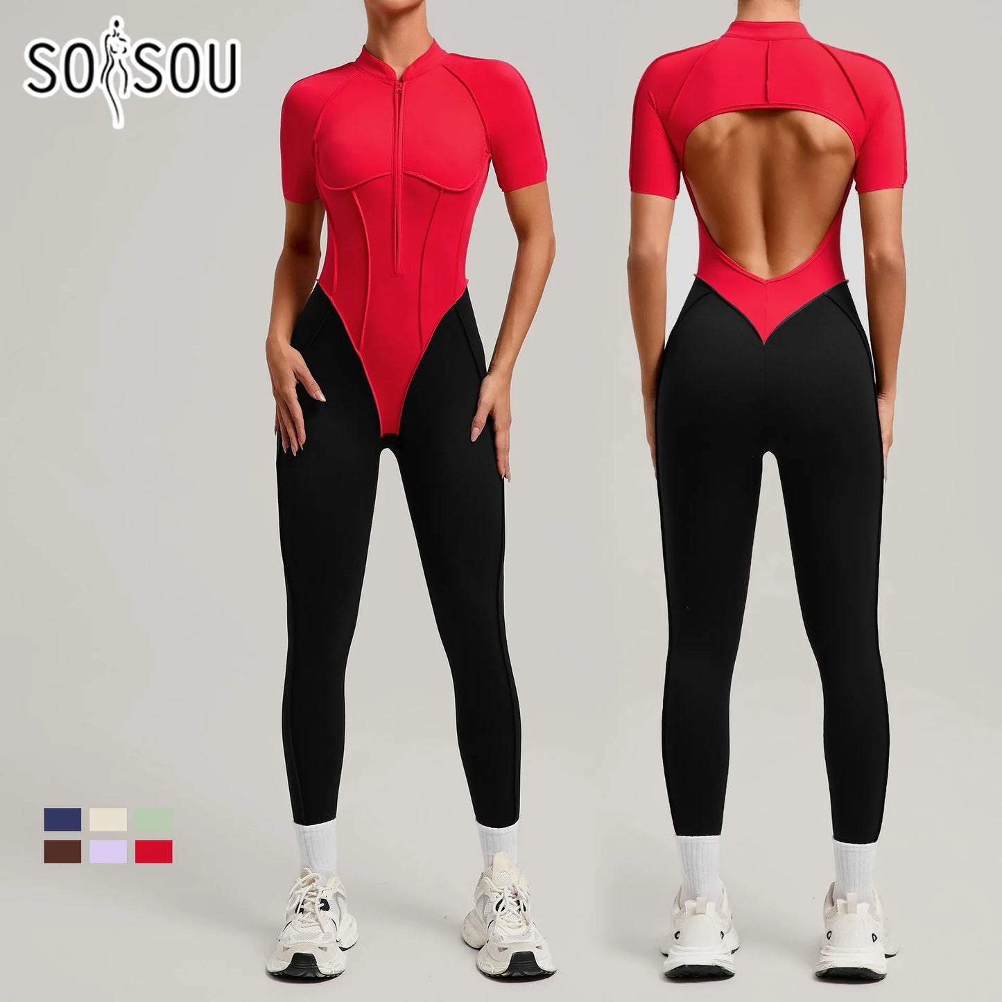 SOISOU Zipper Jumpsuit Women Nylon Clothing Sportswear Woman Gym Yoga Sport Sets Short Sleeve Workout Sets Women Tracksuit