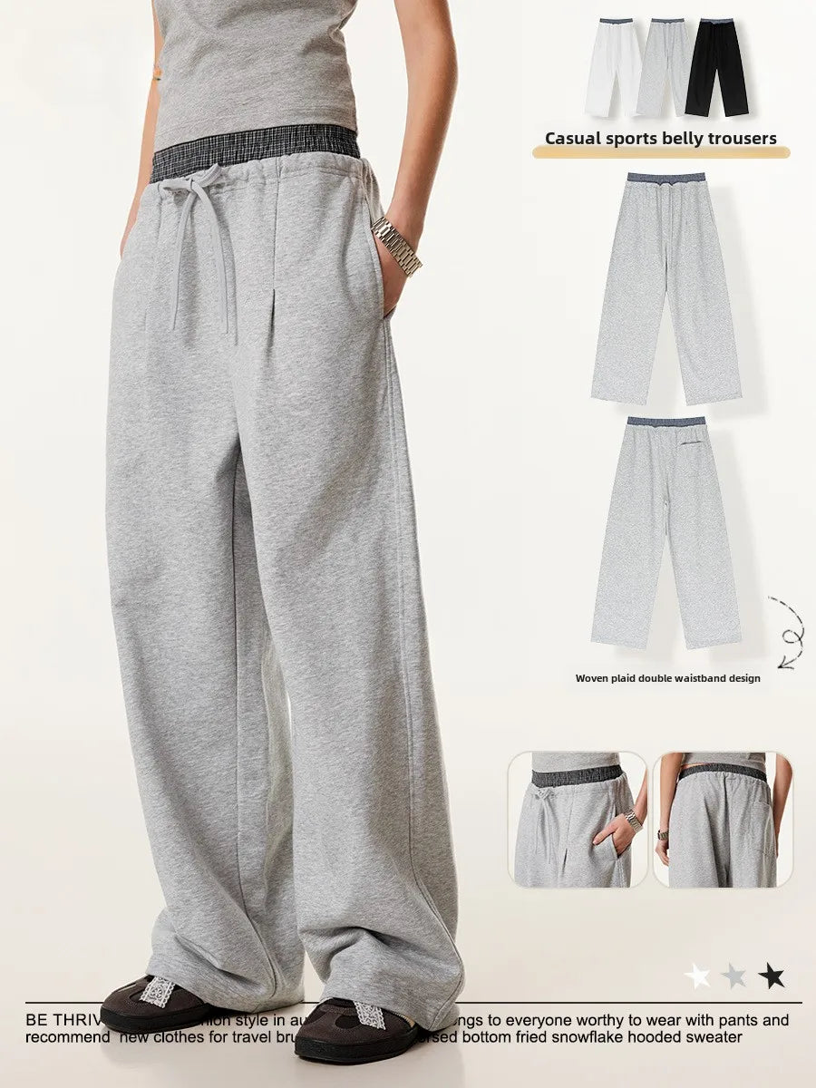 Custom LOGO Men's 2025 Summer 280G American Neutral Wind Splicing Double Waist Wide Leg Pants Sports Straight Couple Sweatpants