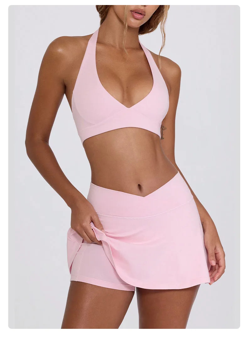 Summer Women Chest Padding And High Elasticity Bra Set 2Pcs Tennis Skirt Sportswear Female Golf Suits Sport Outfit For Woman