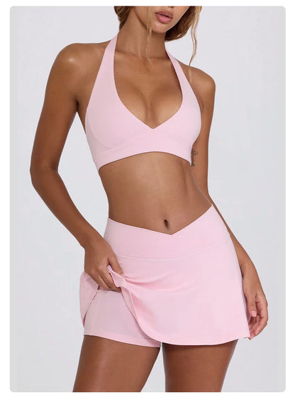 Summer Women Chest Padding And High Elasticity Bra Set 2Pcs Tennis Skirt Sportswear Female Golf Suits Sport Outfit For Woman