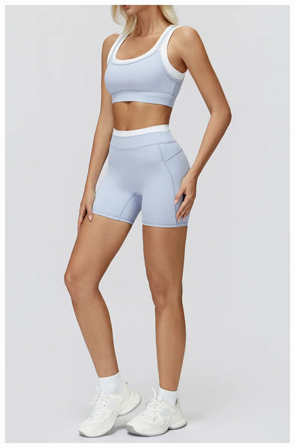 TRY TO BN Yoga Shorts Sets Women's Tracksuit Two Fake Pieces Sports Ribbed Contrasting Color Workout Running Fitness Gym Clothes