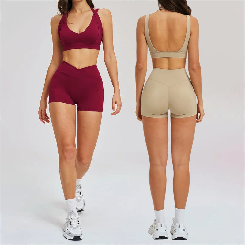 TRY TO BN Women's Tracksuit Shorts Sports Gym Set Halter Neck Fitness Cross Waisted Short Running Two Pieces Suits Yoga Clothing