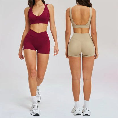 TRY TO BN Women's Tracksuit Shorts Sports Gym Set Halter Neck Fitness Cross Waisted Short Running Two Pieces Suits Yoga Clothing