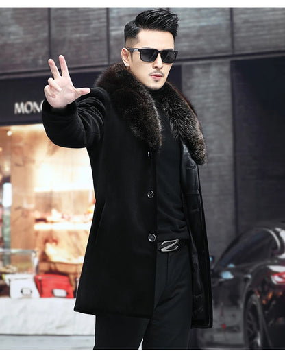 6XL Winter Jacket for Men Sheep Shearling Down Coat Men's Large Fur Collar Midi Long 100% Wool Real Fur Coats and Jackets FCY