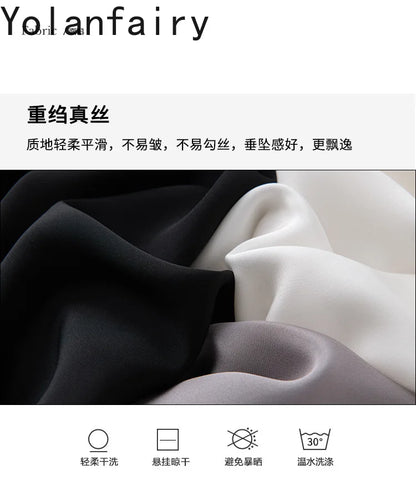 YOLANFAIRY 93% Natural Mulberry Silk Shirts Woman 2026 Stand Collar Long Sleeve Blouse Women Elegant White Shirt OL Ladies Tops