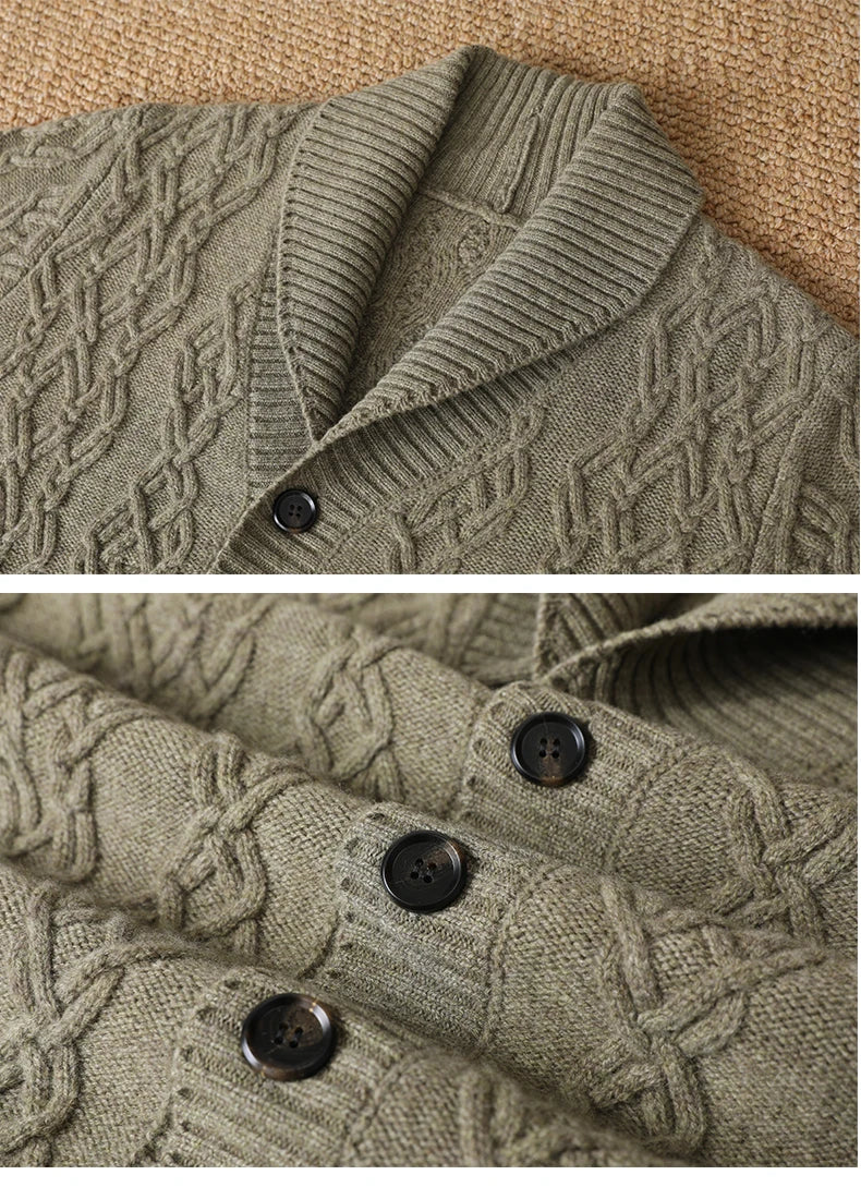 2025 Autumn Winter New Five Needle Thick 100% Merino Wool Sweater Men's Lapel Knit Cardigan Business Casual Warm Shirt Menswear
