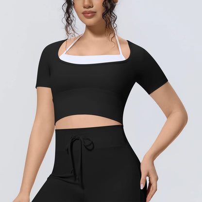 Yoga Sexy Dance Clothes High Elastic Sports T-shirt Women Fitness Top Short Sleeves Running Shirts Gym Push Up Workout Top Tee