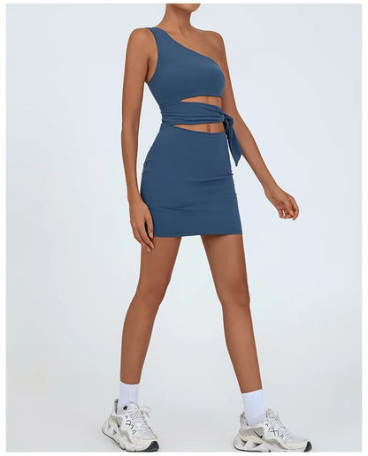 Tennis Dress Women Golf One Shoulder Hollow Out Bandage Slim Fit Fitness Tennis Short Skrit Badminton Dress One-Pieces Yoga Set