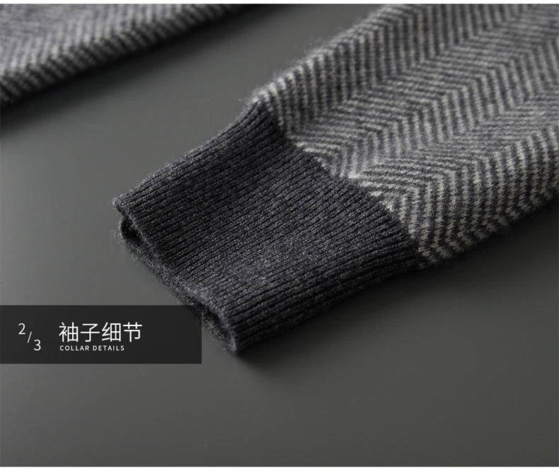 Autumn Winter 100% Merino Wool Knitted Zipper Cardigan Men's Half High Collar Herringbone Pattern Thick Coat Casual Warm Jacket