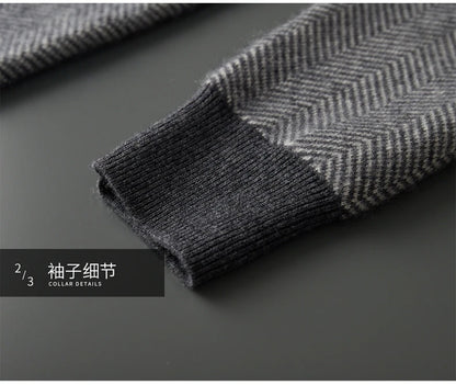 Autumn Winter 100% Merino Wool Knitted Zipper Cardigan Men's Half High Collar Herringbone Pattern Thick Coat Casual Warm Jacket