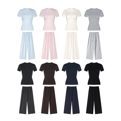 Custom LOGO women's spring summer new 200G high-elastic short slim-fit short-sleeved trousers casual sports two-piece set