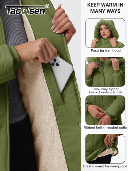 TACVASEN Womens Fleece Long Padding Winter Jacket Down Puffer Outwear with Removable Hood Waterproof Windproof Thicken Park Coat