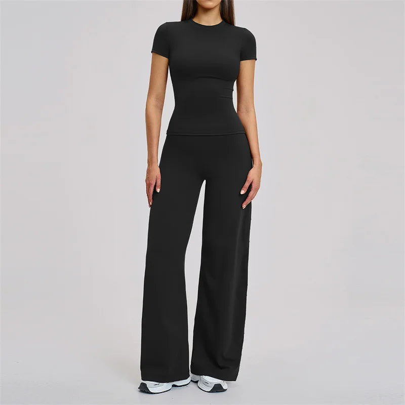 TRY TO BN Women's Tracksuit Two Pieces Yoga Sets Short Sleeve High Waist Leggings Fitness Sportwear Workout Running Gym Clothing
